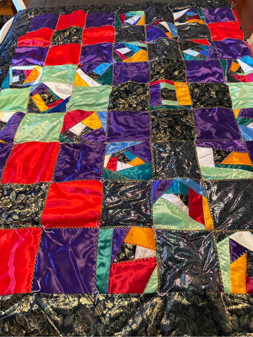 Vintage 90s Handmade Satin Crazy Quilt 59x59